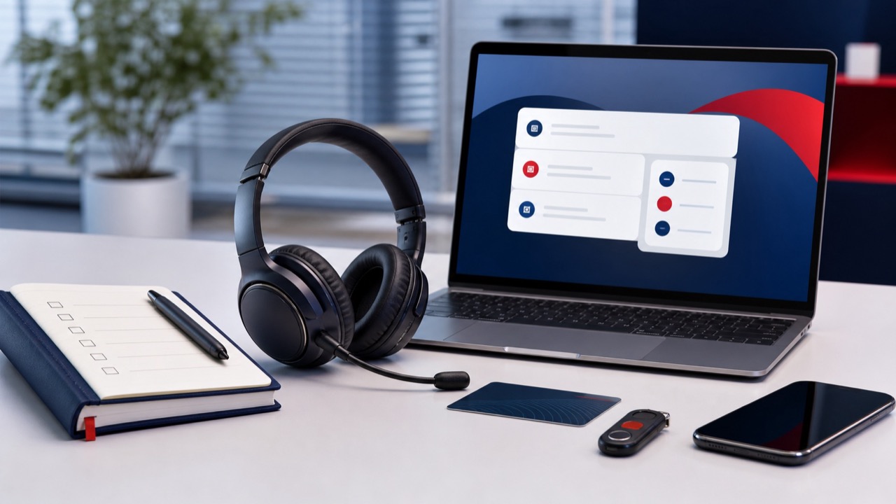 Learner support desk with headset and help centre interface